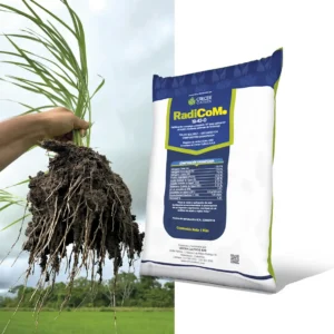Envase de Radicomo, fertilizante agrícola que favorece el desarrollo radicular, mejora la absorción de nutrientes y potencia el crecimiento de las plantas.