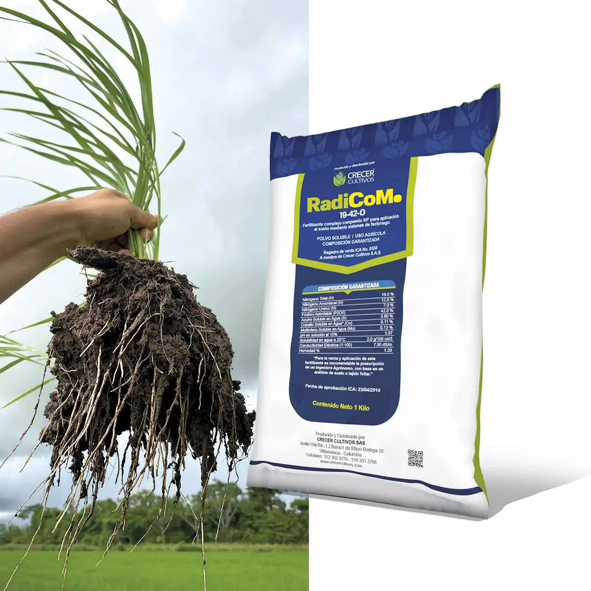 Envase de Radicomo, fertilizante agrícola que favorece el desarrollo radicular, mejora la absorción de nutrientes y potencia el crecimiento de las plantas.
