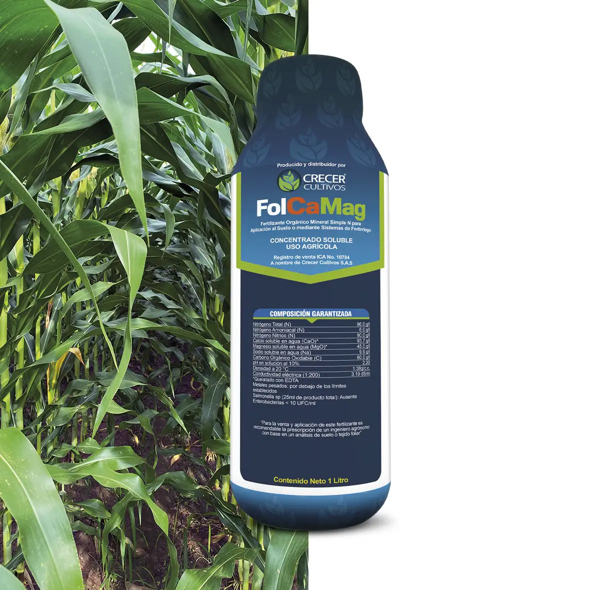Envase del fertilizante FolCaMag de Crecer Cultivos, fuente de Nitrógeno, Calcio y Magnesio.