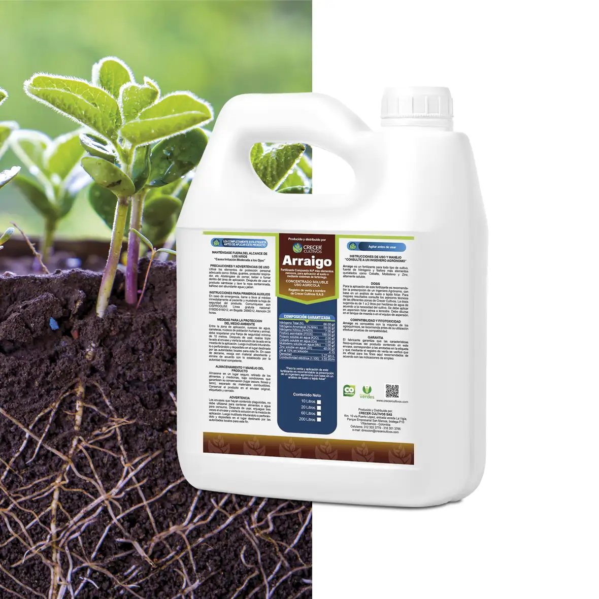 Envase de Arraigo, fertilizante soluble N-P con cobalto, molibdeno y zinc quelatados, para fertirriego y aspersión foliar.