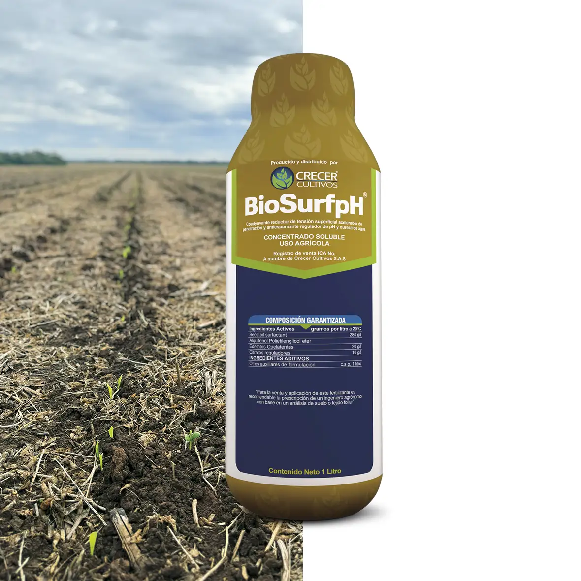 Envase de BIO-SURF pH coadyuvante agrícola corrector de pH y dureza, humectante y surfactante.