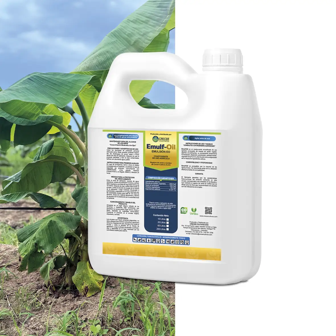 Envase de Emulf-Oil coadyuvante agrícola emulsificado con aceite vegetal, humectante y regulador de pH.