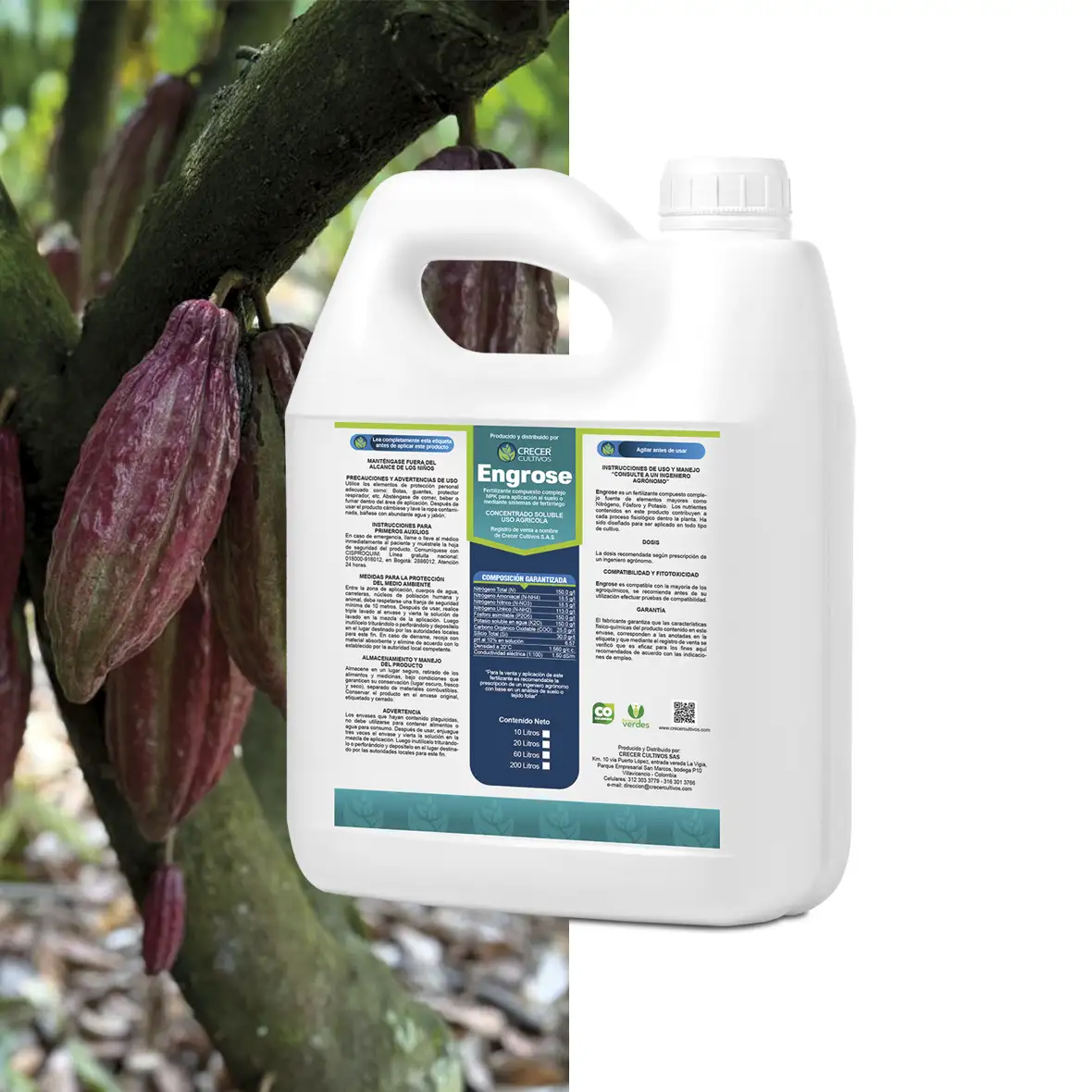 Envase del fertilizante Engrose de Crecer Cultivos, fuente de Nitrógeno, Fósforo y Potasio.