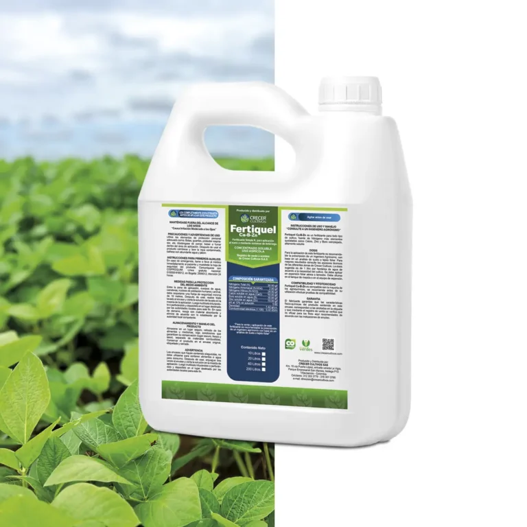 Envase de Fertiquel Ca-B-Zn, fertilizante soluble con Nitrógeno, Calcio, Zinc y Boro complejado para todo tipo de cultivo.