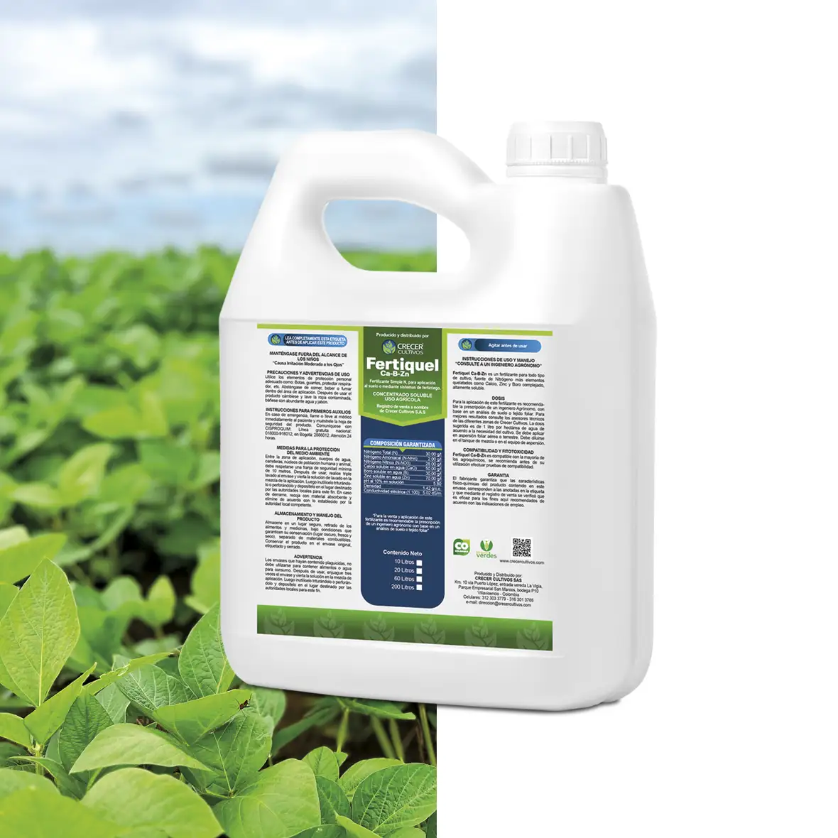 Envase de Fertiquel Ca-B-Zn, fertilizante líquido con Nitrógeno, Calcio, Zinc y Boro de Crecer Cultivos.
