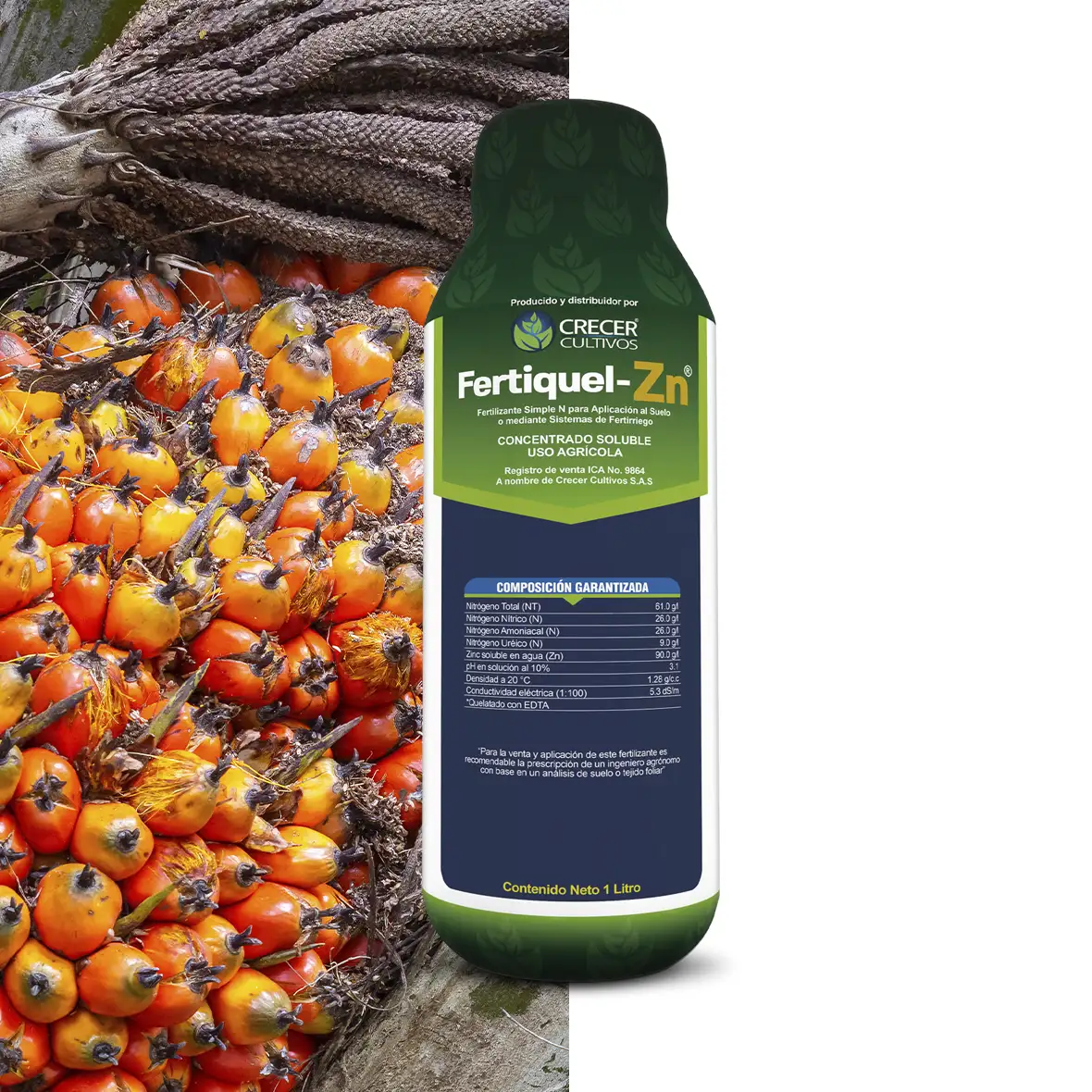 Envase del fertilizante Fertiquel Zn, fuente de Nitrógeno y Zinc para cultivos.