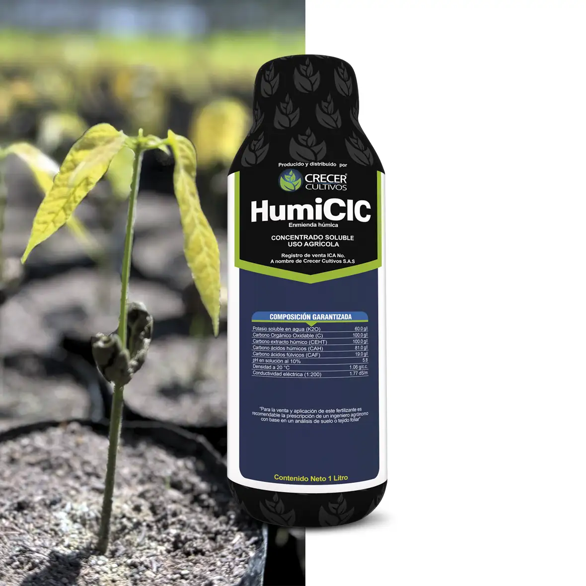 Envase de HumiCIC, fertilizante con ácidos húmicos y fúlvicos solubles más Potasio, fuente de carbono orgánico para mejorar la fertilidad del suelo.