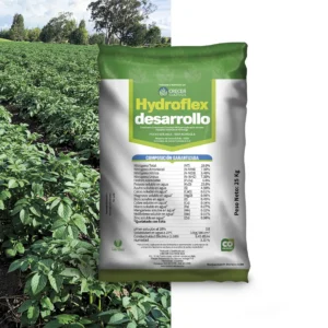 Envase de Hydroflex Desarrollo, fertilizante NPK soluble con elementos secundarios y menores para fortalecer el desarrollo de los cultivos.