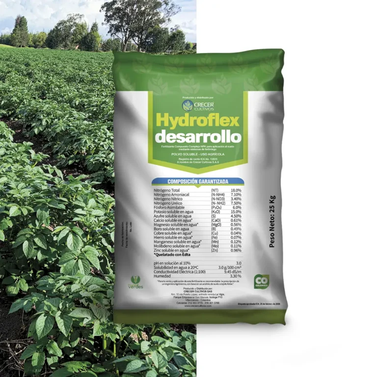 Envase de Hydroflex Desarrollo, fertilizante NPK soluble con elementos secundarios y menores para fortalecer el desarrollo de los cultivos.