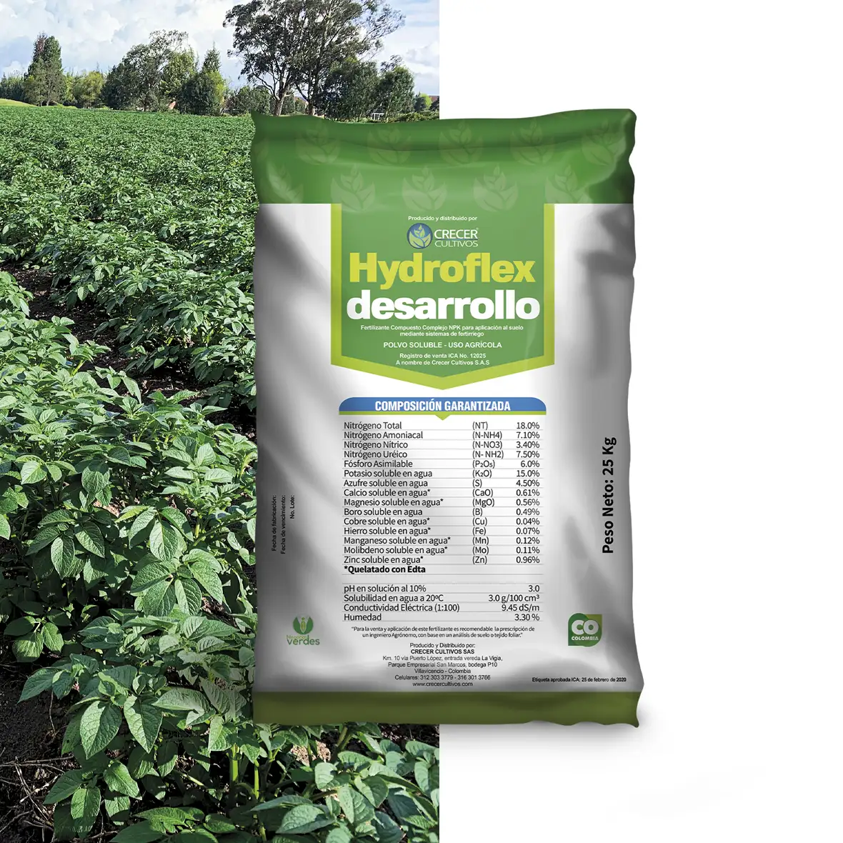 Envase de Hydroflex Desarrollo, fertilizante NPK soluble con elementos secundarios y menores para fortalecer el desarrollo de los cultivos.