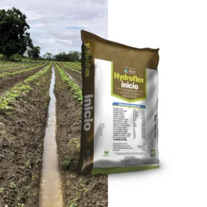 Envase de Hydroflex Inicio, fertilizante NPK soluble con elementos secundarios y menores, diseñado para aplicación en todos los cultivos.