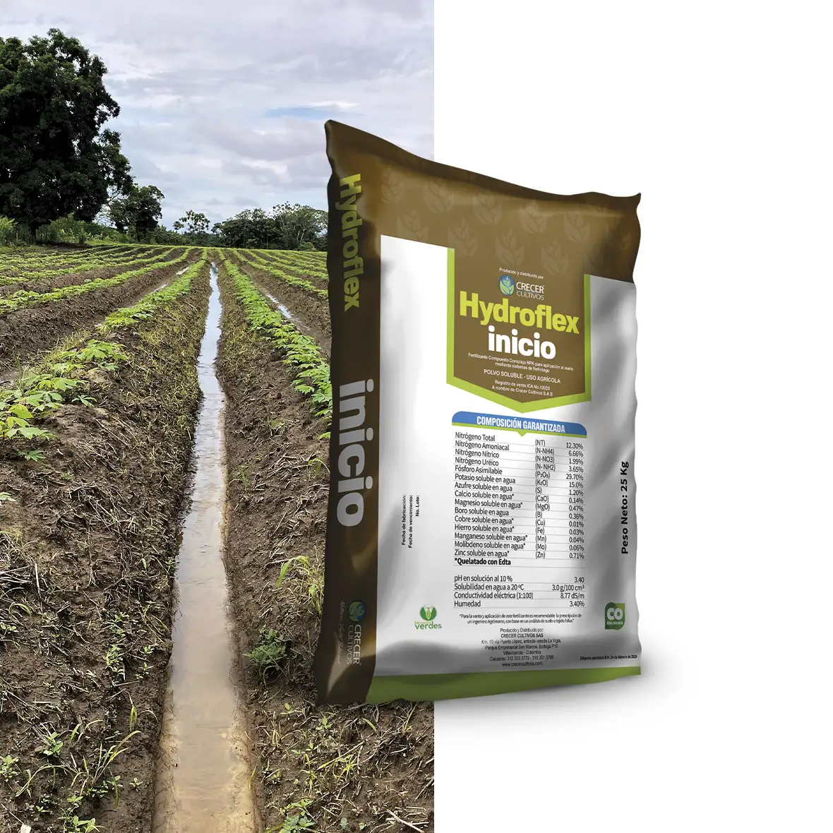 Envase de Hydroflex Inicio, fertilizante NPK soluble con elementos secundarios y menores, diseñado para aplicación en todos los cultivos.
