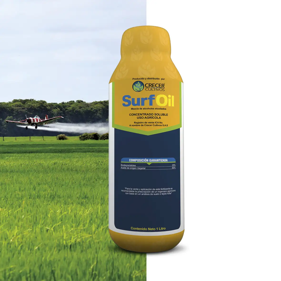 Envase de Surf Oil CE, coadyuvante agrícola emulsionable con aceites vegetales y agentes emulsificantes.