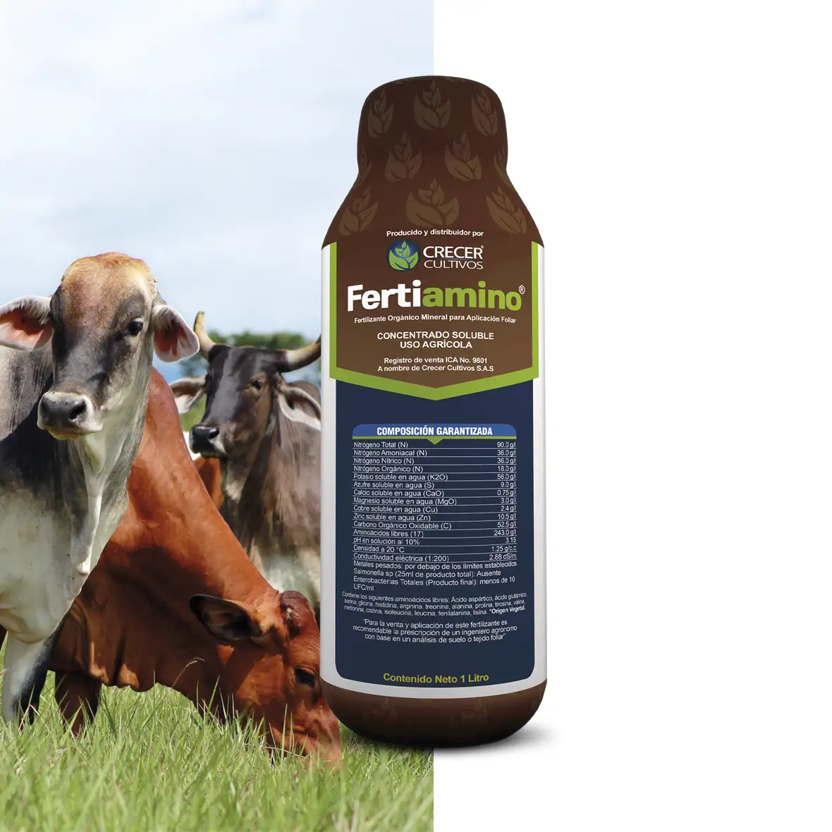Fertiamino, fertilizante foliar orgánico–mineral con Nitrógeno, Potasio y aminoácidos vegetales para apoyar a los cultivos en condiciones de estrés.